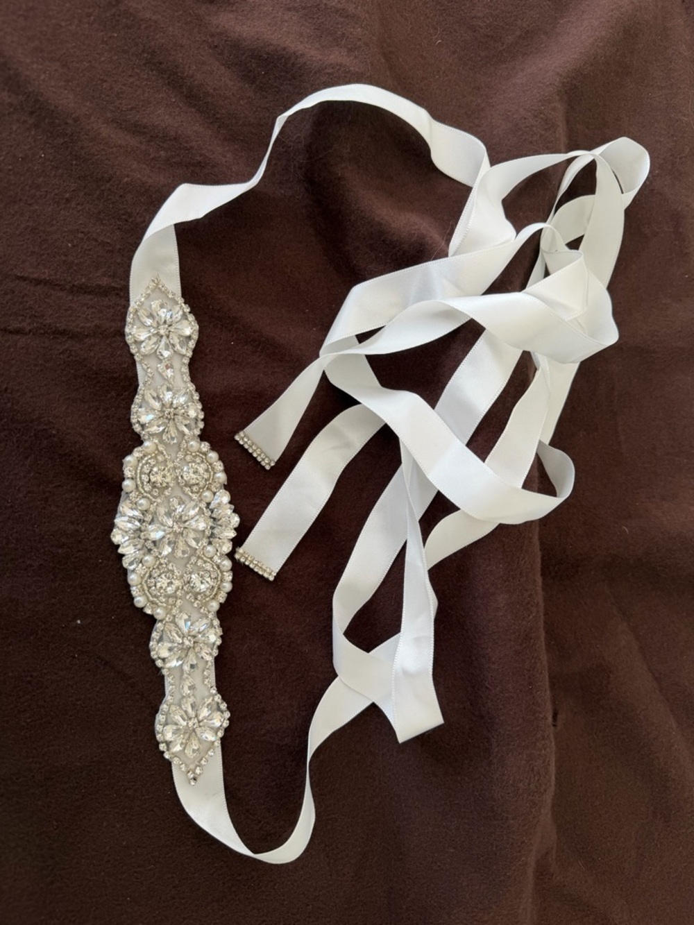 Crystal Embellished Satin Bridal Sash - White